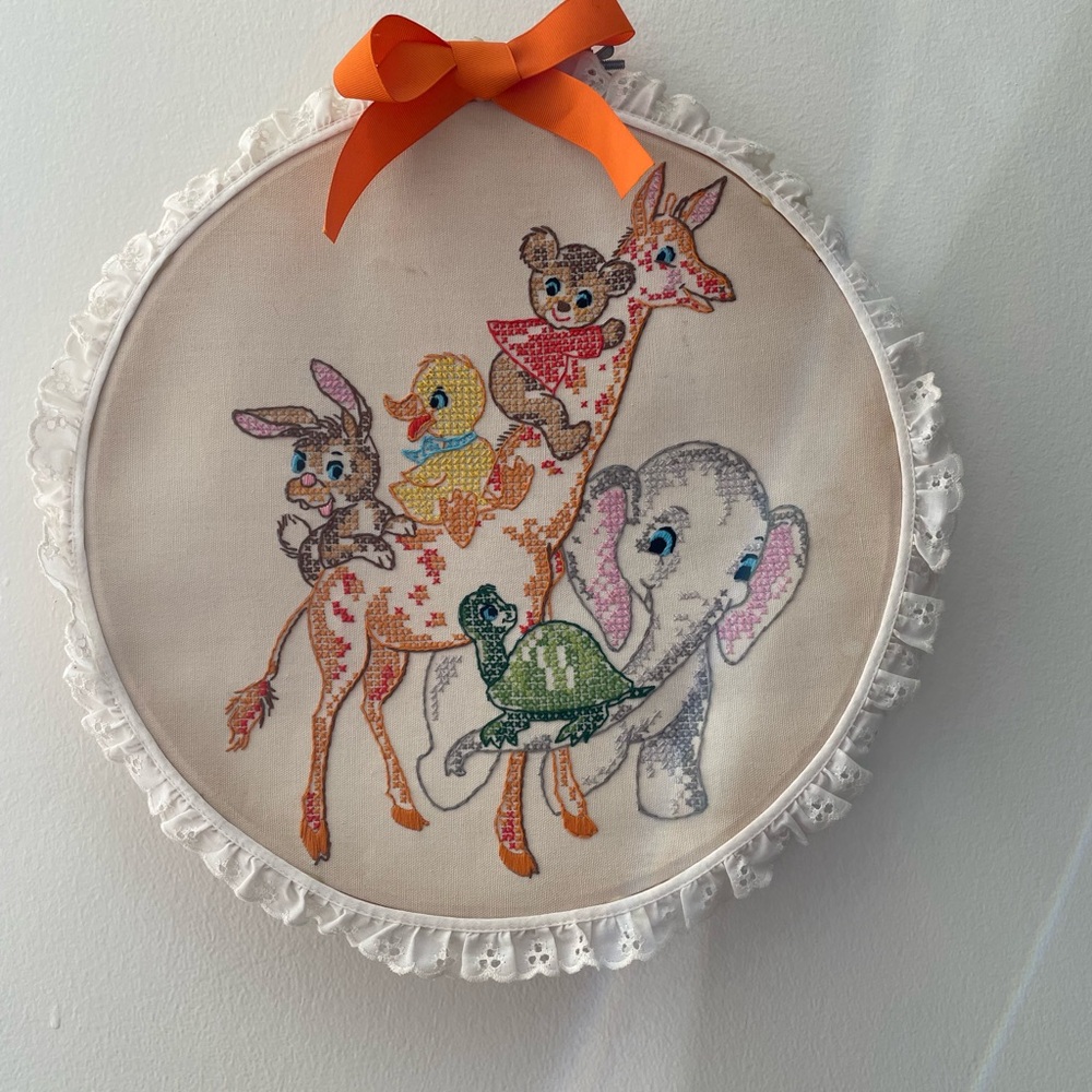 Vintage Completed Cross Stitch Nursery Wall Design 15”